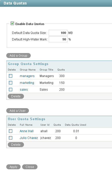 Manage Data Quotas page