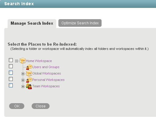 Manage the Search Index page