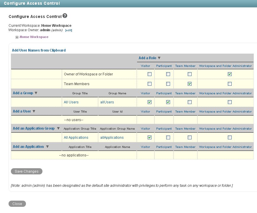 Configure Access Control for the Home Workspace