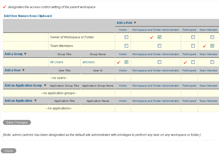 Access control table for the Personal Workspaces workspace