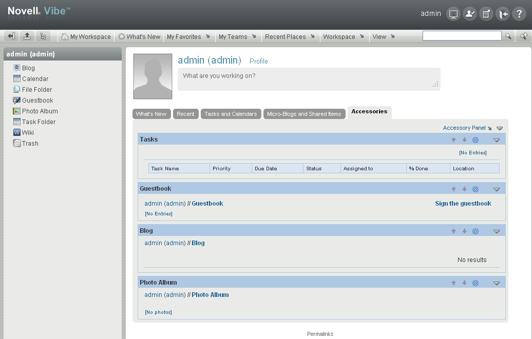 Novell Teaming administrator’s personal workspace