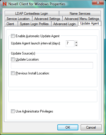 Novell Client for Windows Properties Update Agent Property Page