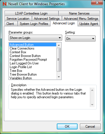 Advanced Login property page with Show on Login parameter group selected