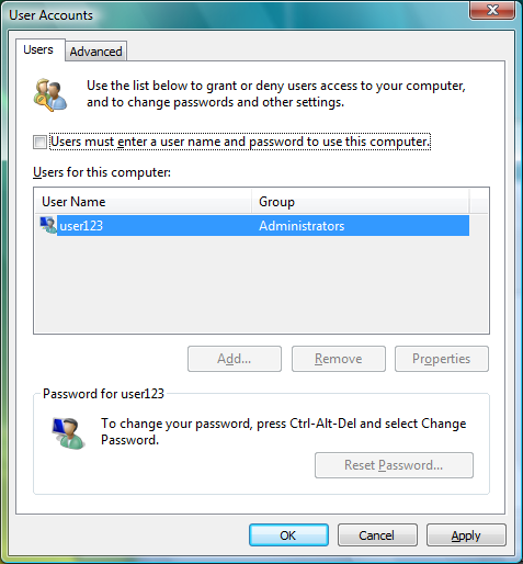 User Accounts dialog box