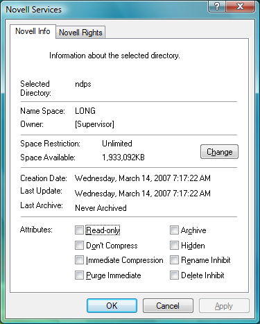 Novell Info dialog box