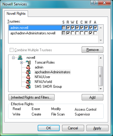 Novell Rights Dialog Box