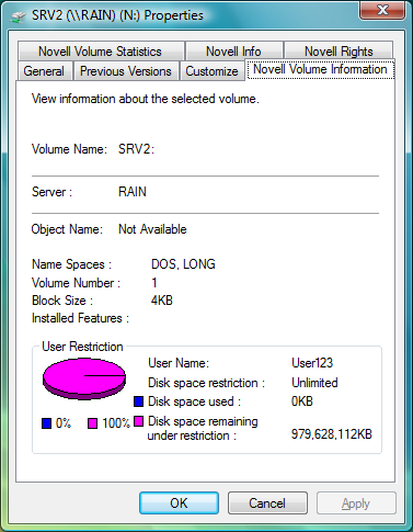 Novell Volume Information dialog box