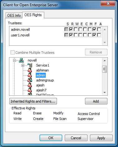 Novell Rights dialog box