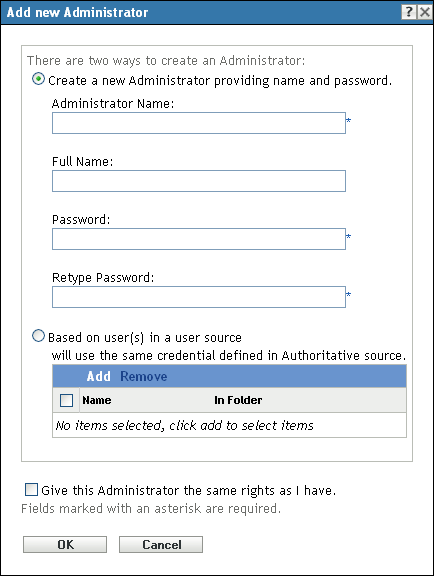 Add New Administrator dialog box
