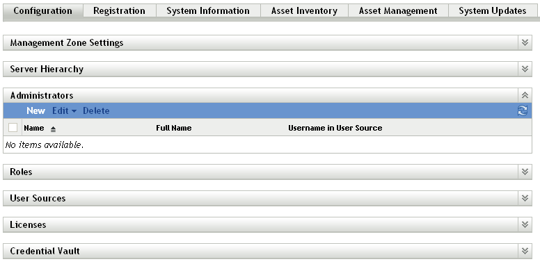 Administrators panel on Configuration tab in ZENworks Control Center