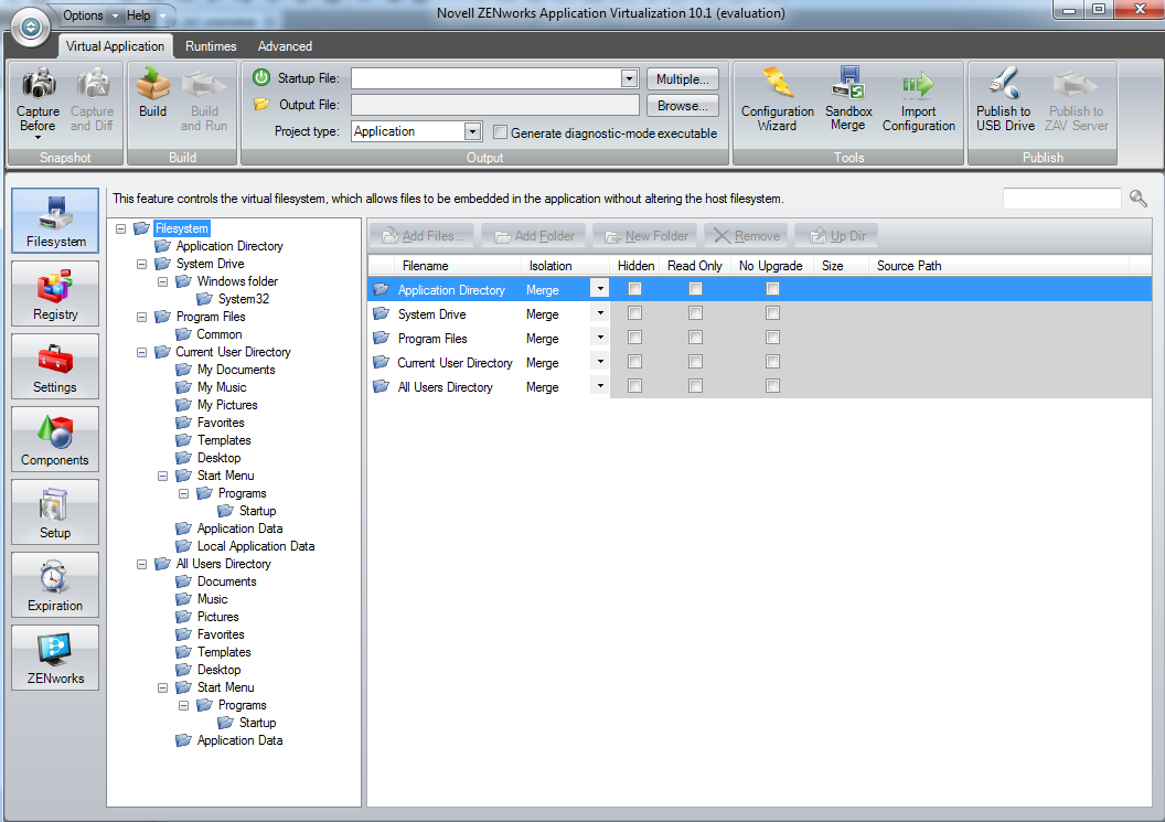 ZENworks Application Virtualization 10.1 application window