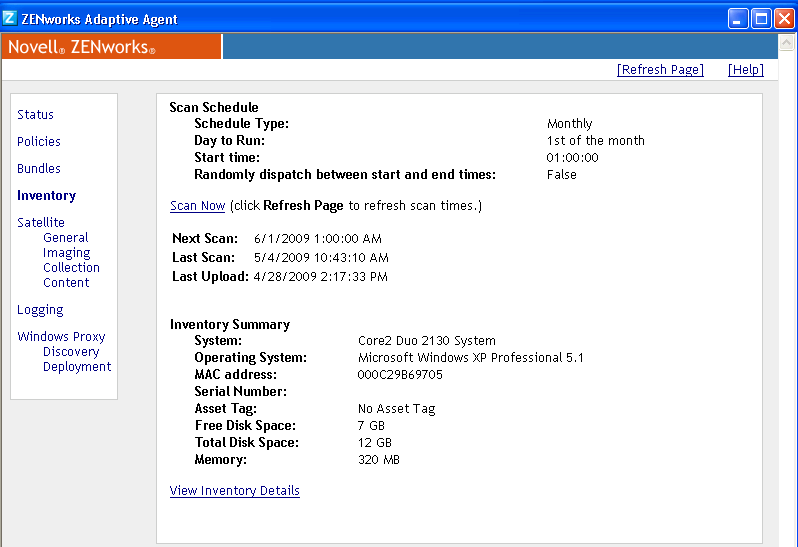 ZENworks Adaptive Agent Properties page > Inventory tab