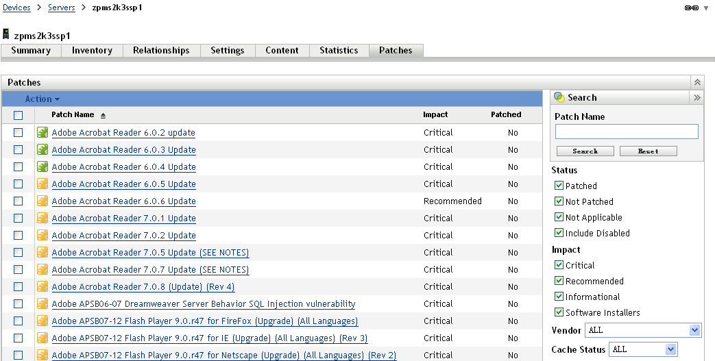 Vulnerabilities for a managed server device