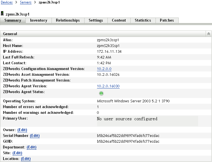 General details for a managed device