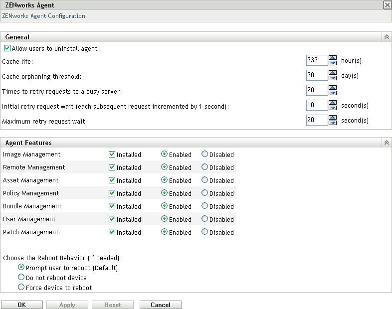 ZENworks Agent page > Agent Features panel