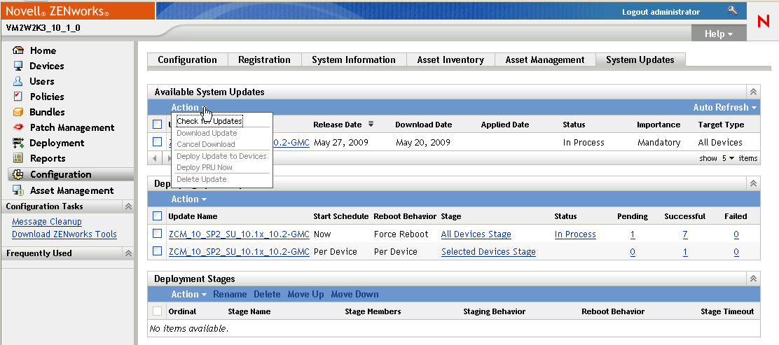 Available System Updates panel with Action options displayed