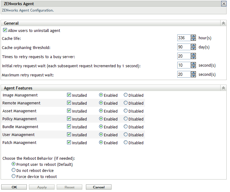 ZENworks Agent page > Agent Features panel