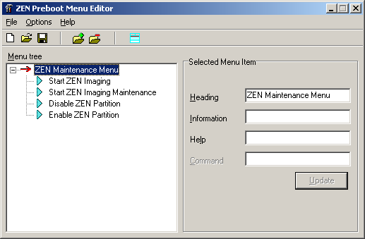 ZEN Preboot Services Menu Editor window