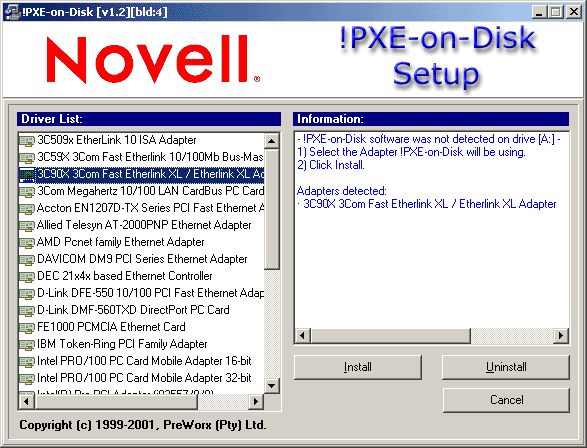 Screen shot of the PXE-on-Disk setup window with the Disk Driver and Information lists open.