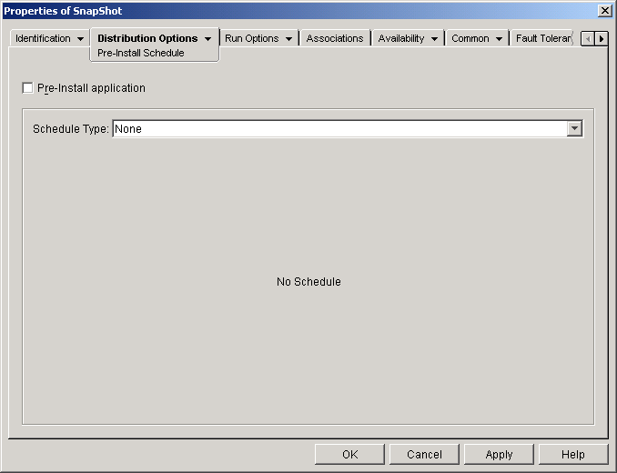 Application object > Distribution Options tab > Pre-Install Schedule page