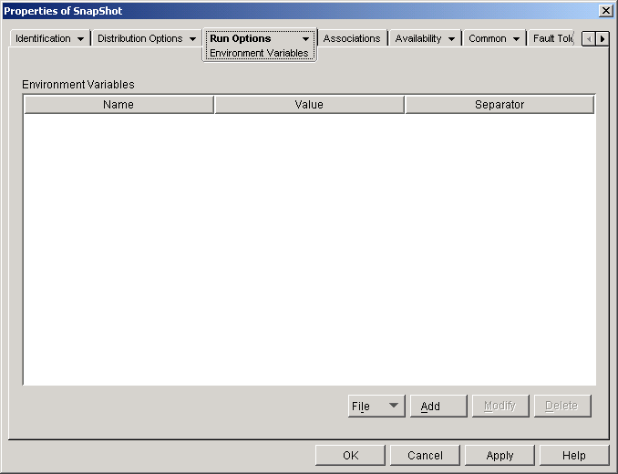 Application object > Run Options tab > Environment Variables page