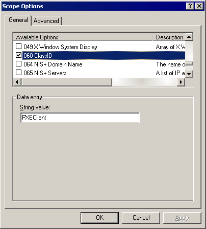 Screen shot of the Scope Options dialog box of the DHCP management console.