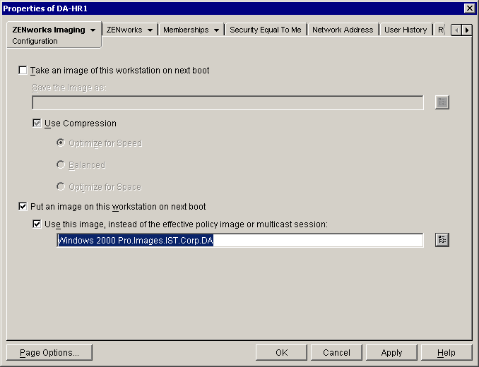 Screen shot of the ZENworks Imaging page of the Properties dialog box for the workstation object in ConsoleOne.