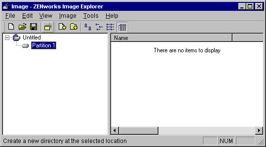 Screen shot of the ZENworks Image Explorer window. The Partition 1 object is highlighted.