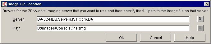 Screen shot of the Image File Location dialog box. The server name and path are displayed.