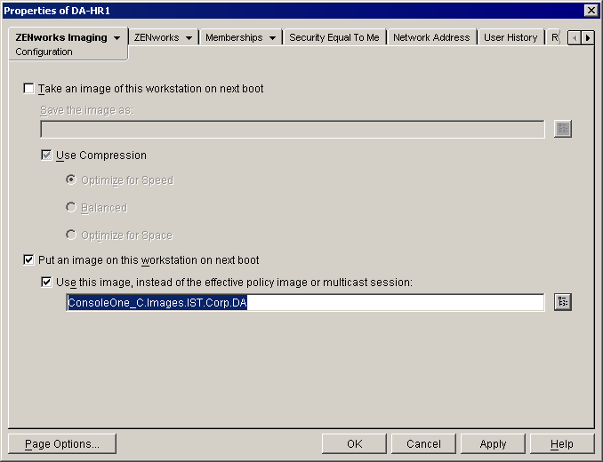Screen shot of the Properties page of the DA-HR1 Workstation Image object in ConsoleOne.