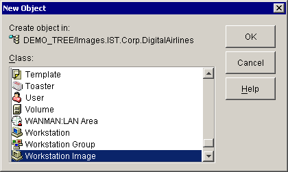 Screen shot of the New Object dialog box in ConsoleOne. The Workstation Image object is selected.