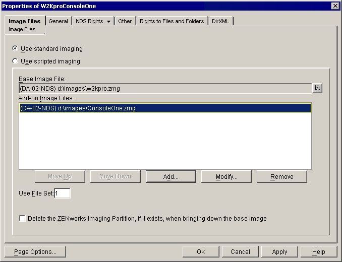 Screen shot of the Properties page of the W2KproConsoleOne Workstation Image object.