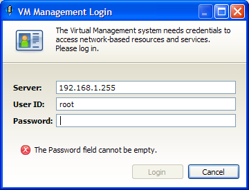 VM Management Login Dialog Box