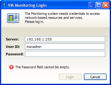 VM Monitoring Login Dialog Box