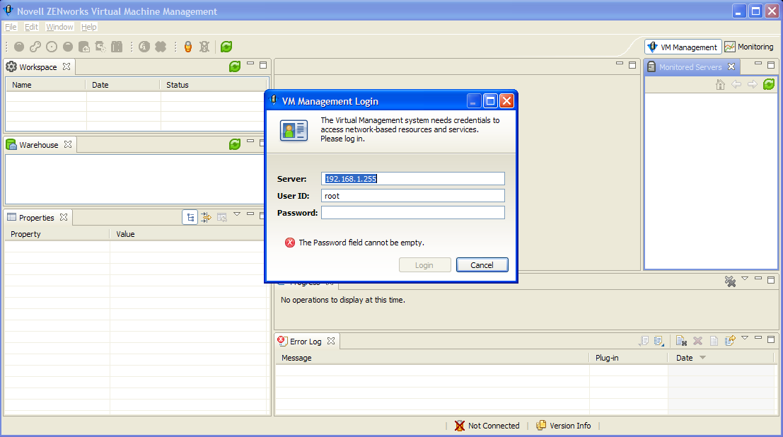 VM Management Login Dialog Box Superimposed Over an Empty ZENworks VM Management Console