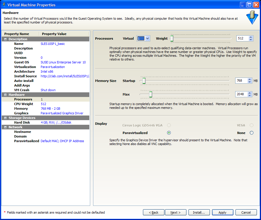 Virtual Machine Properties - Hardware Page