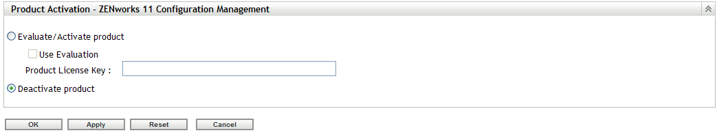 Product Licensing Panel on the Configuration page of the ZENworks Control Center