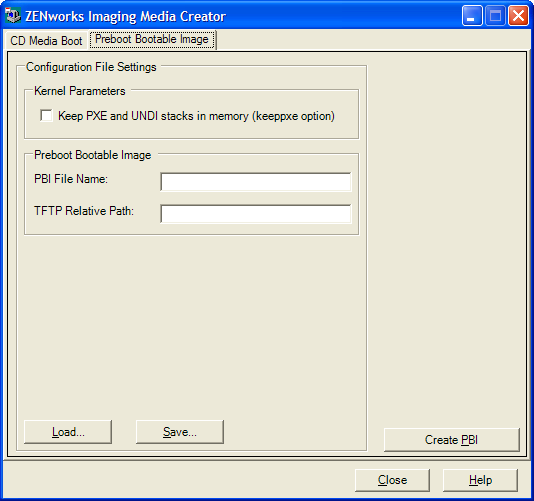 Imaging Media Creator: Preboot Bootable Image tab