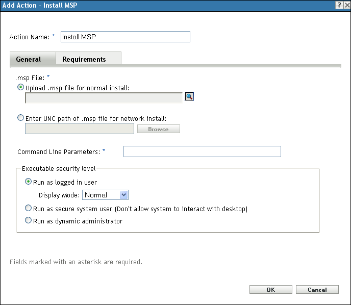 Action - Install MSP Dialog Box