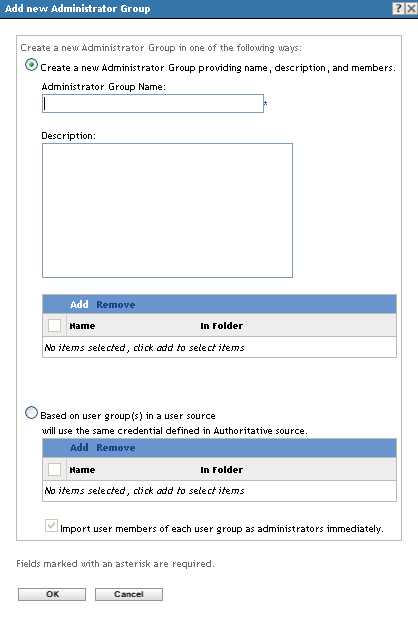 Add New Administrator Group dialog box