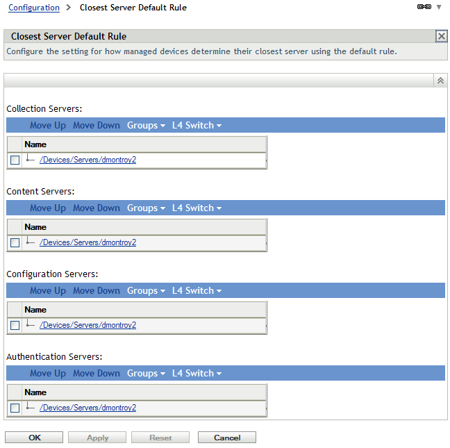 Closest Server Default Rule panel