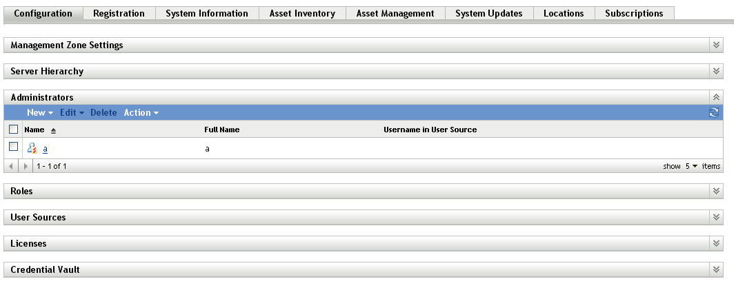 Administrators panel on Configuration tab in ZENworks Control Center