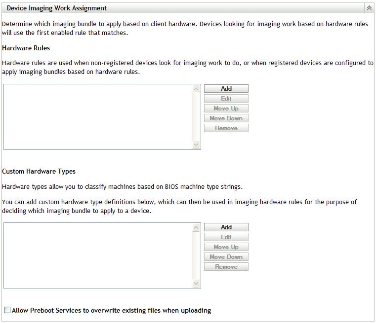 Device Imaging Work Assignment panel