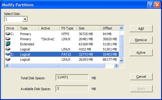 Modify Partitions window