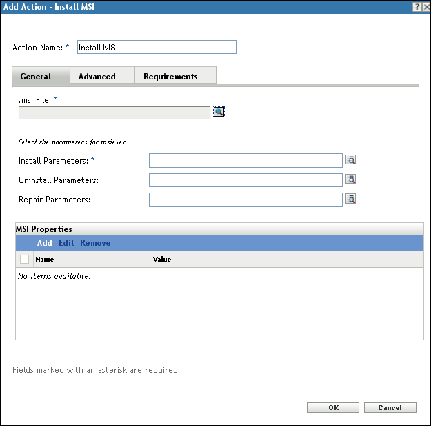 Action - Install MSI Dialog Box