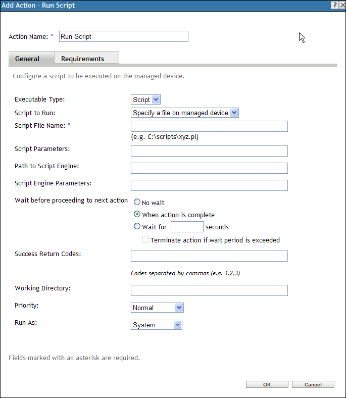 Action - Run Script Dialog Box with the Specify a File on a Managed Device option selected