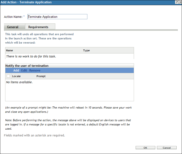 Action - Terminate Application Dialog Box