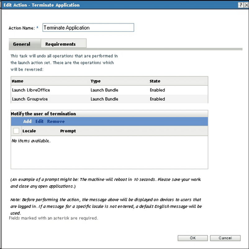 Action Set - Terminate Application Dialog Box