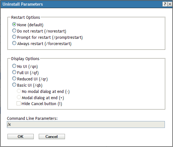 Uninstall Parameters Dialog Box
