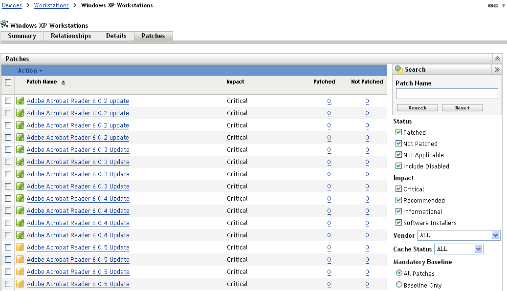 Vulnerabilities applicable to Windows XP Workstations group